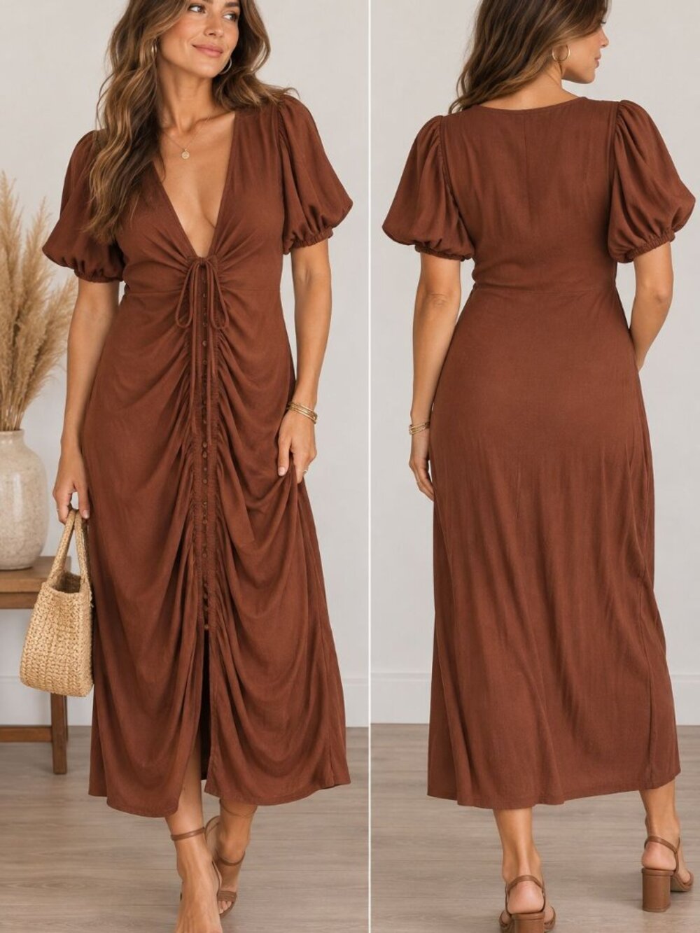 Free People Vintage Summer Midi Autum Weddig Guest Dress Brown M/L Ruched Boho